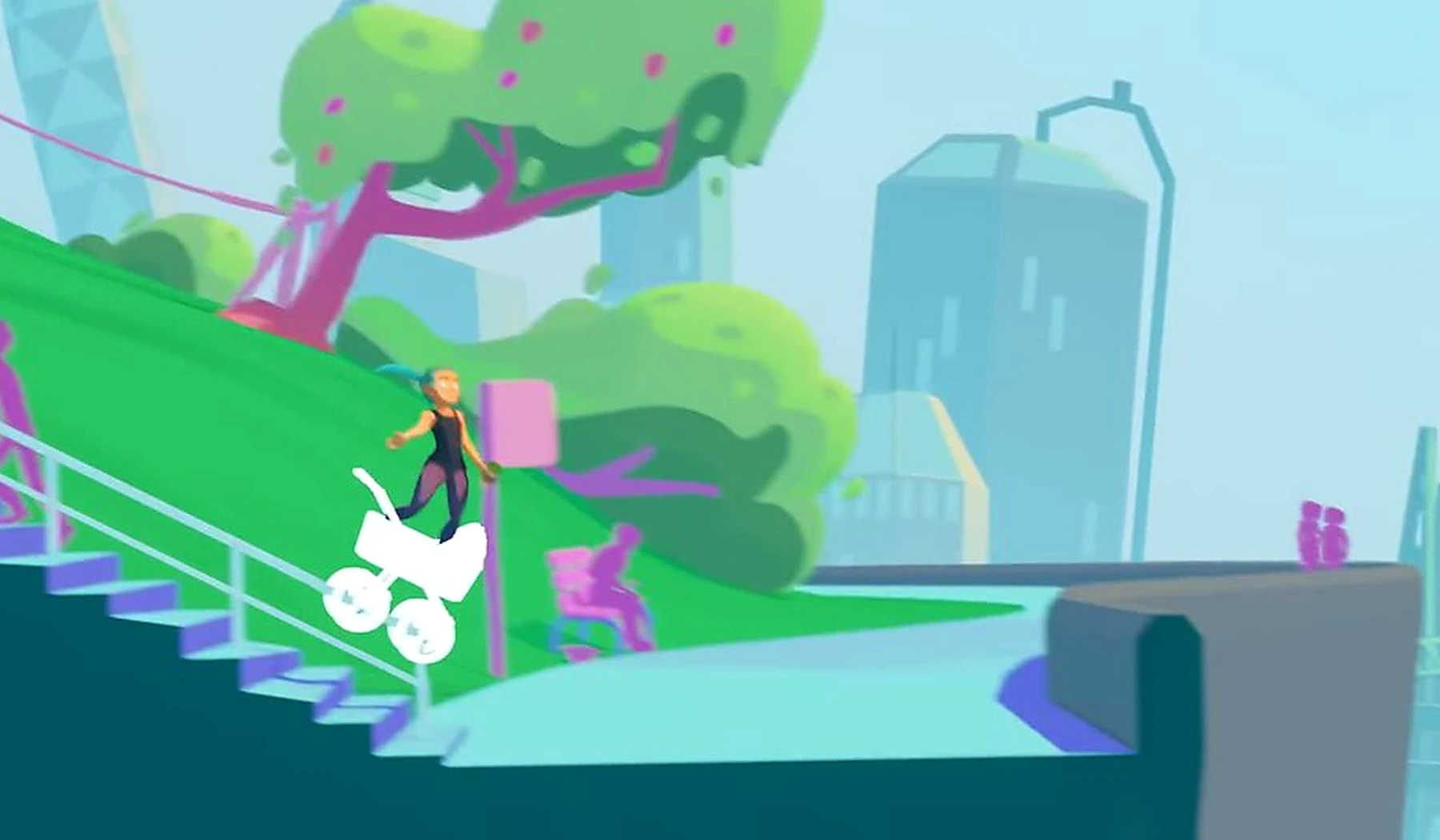 Graphic 2D animation frame with bold color and perspective